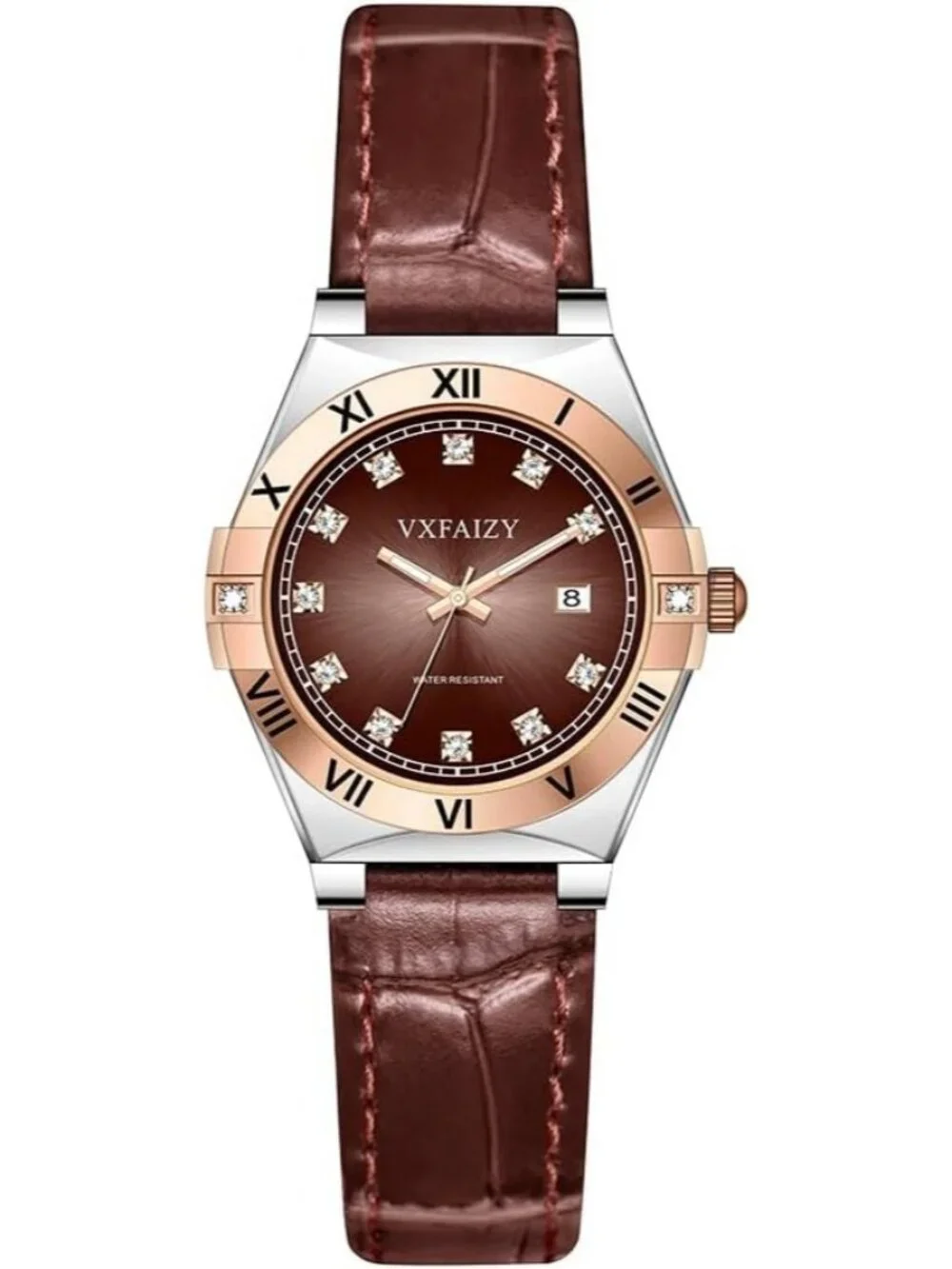 Women's Silver Brown Crystal Diamond Dial Genuine Leather Strap Wrist Watches